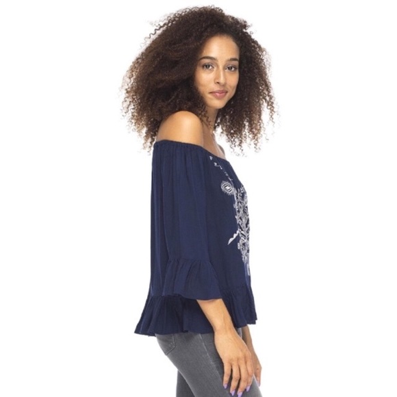 Embroidered Ruffled Hem and Cuffs Off Shoulder Top - Picture 3 of 7